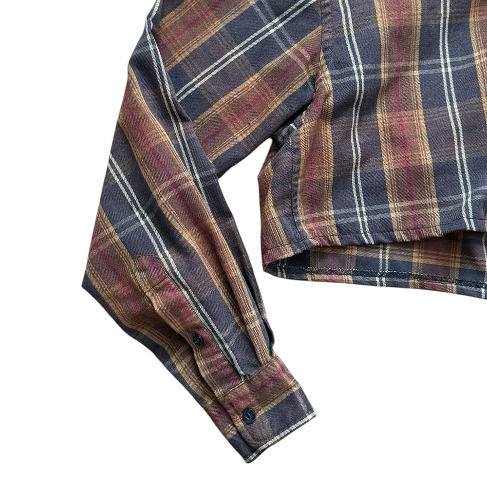 URBAN RENEWAL brown plaid flannel crop hooded up-cycled shirt size Small - NWT! - Picture 2 of 8